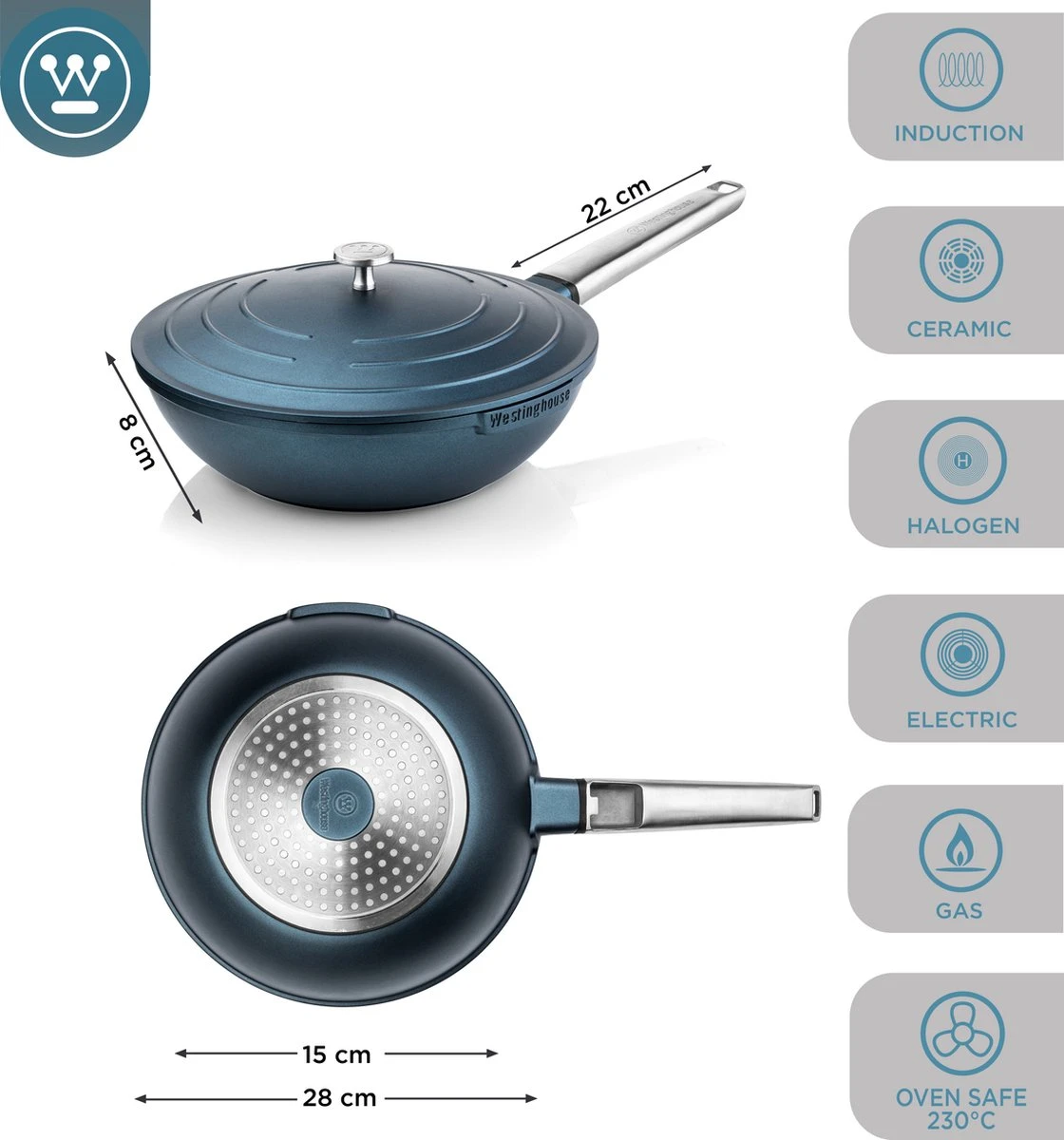 Westinghouse Performance Series - Wokpan Inductie - 28cm Luxe Wok Met Deksel - Blauw - Geschikt Voor Alle Warmtebronnen - Afbeelding 5