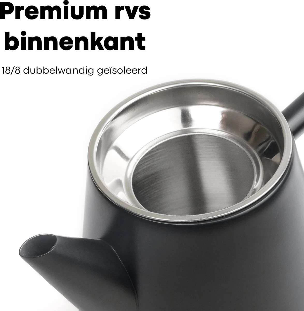 Vatten® - Premium RVS Theepot - Incl. RVS Theefilter - 1L - Zwart - Dubbelwandig - Afbeelding 3