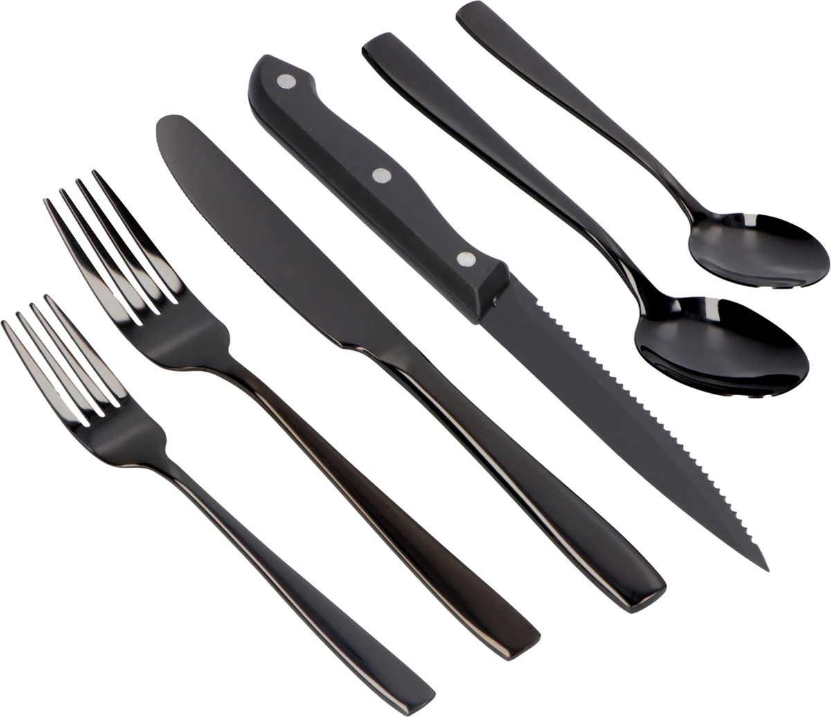 Deleca 6 Persoons Bestekset (36-delig) - Lepels, Messen, Vorken & Steakmessen - Vaatwasserbestendig - Zwart / RVS - Afbeelding 8