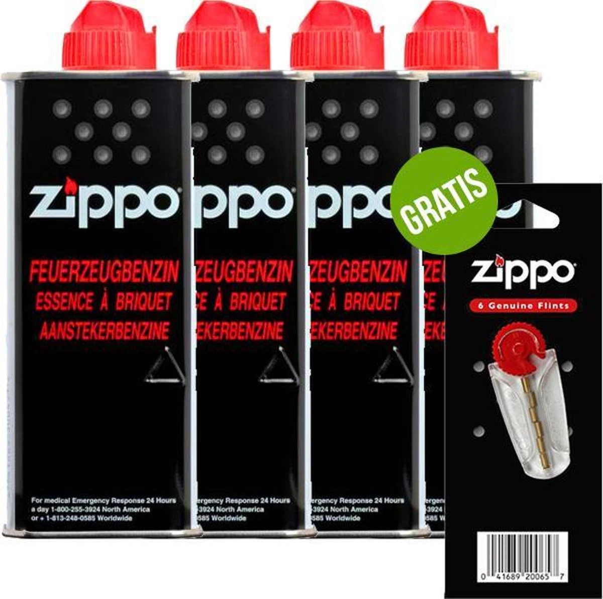 4 X Zippo Aansteker Benzine / Vloeistof + Gratis Vuursteentjes