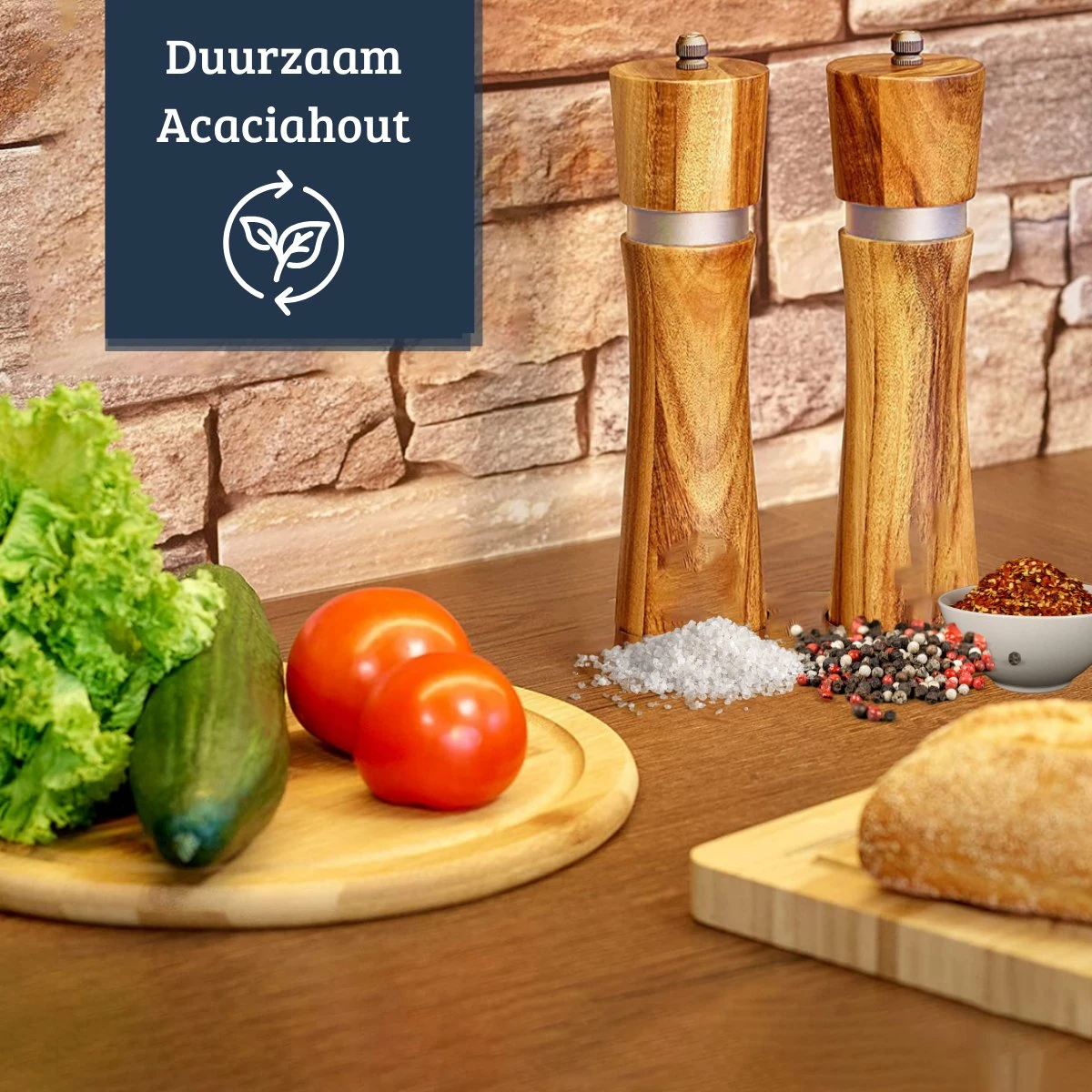 UNBOX Peper En Zoutmolen Set - Pepermolen - Zoutmolen - BBQ Accesoires - Acacia Hout - RVS - Afbeelding 6