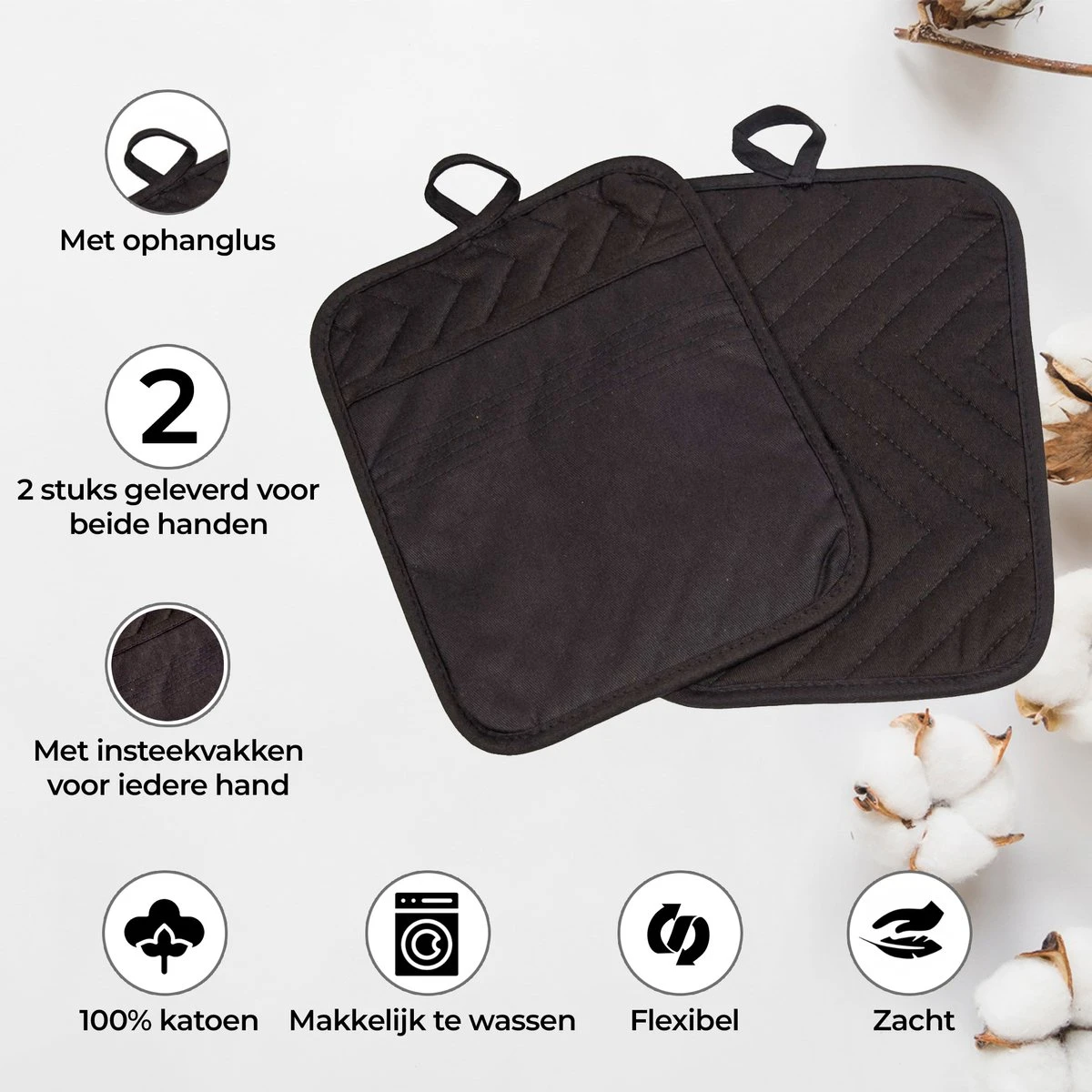 Roegaarden Pannenlappen - Pannenlap - 2 Stuks - Met Insteekvakken - Zwart - Afbeelding 2