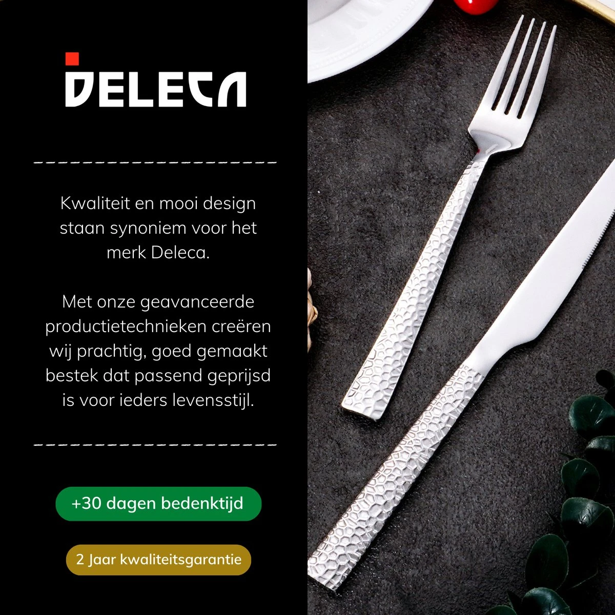 Deleca 6 Persoons Bestekset Deluxe (30-delig) - Vorken, Lepels En Messen - Vaatwasserbestendig - Gehamerd - Zilver / RVS - Afbeelding 2