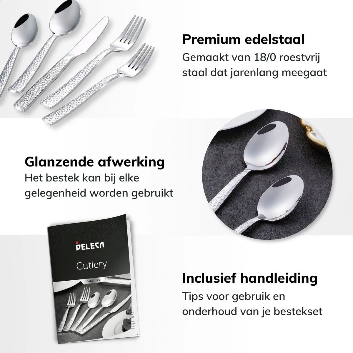 Deleca 6 Persoons Bestekset Deluxe (30-delig) - Vorken, Lepels En Messen - Vaatwasserbestendig - Gehamerd - Zilver / RVS - Afbeelding 4