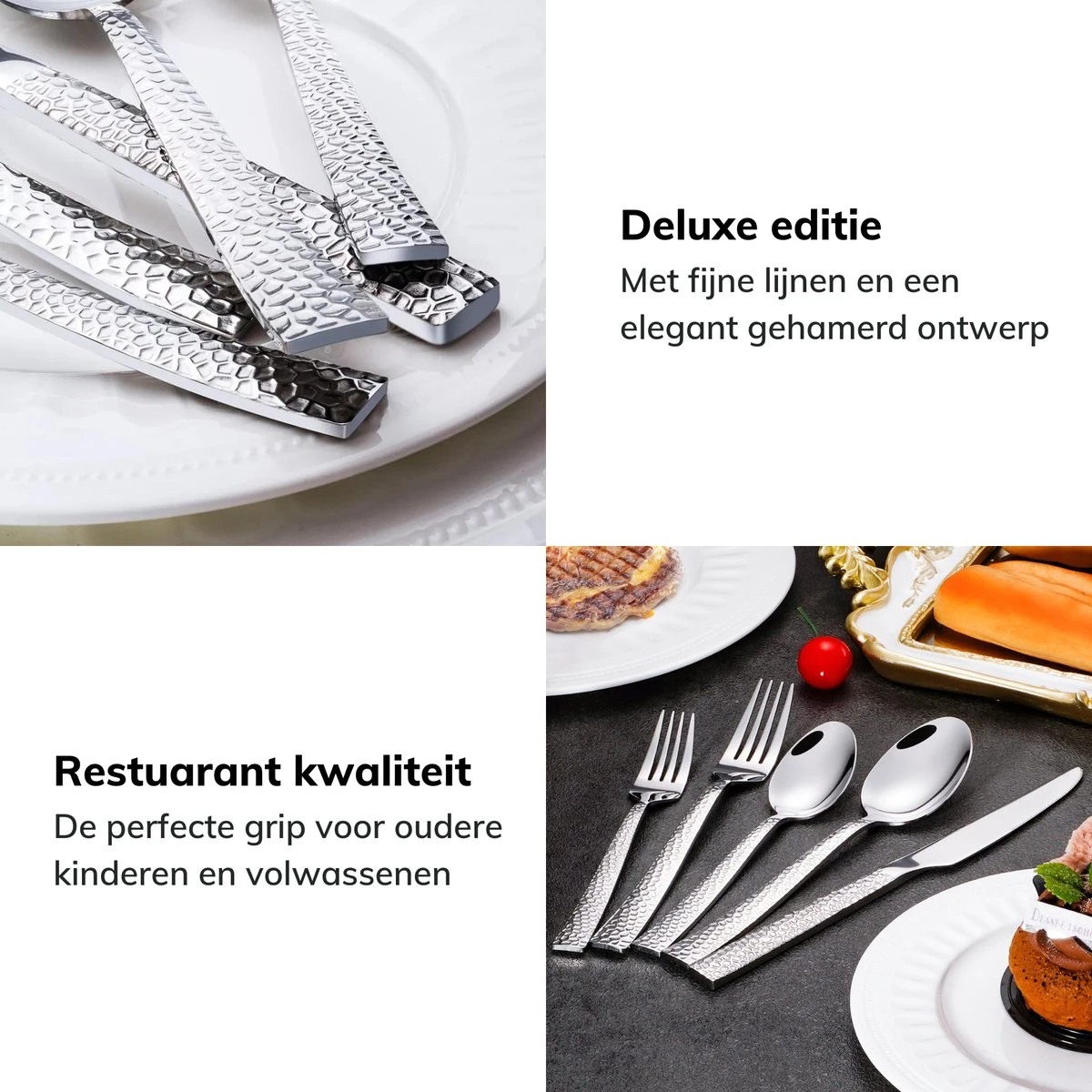 Deleca 6 Persoons Bestekset Deluxe (30-delig) - Vorken, Lepels En Messen - Vaatwasserbestendig - Gehamerd - Zilver / RVS - Afbeelding 5