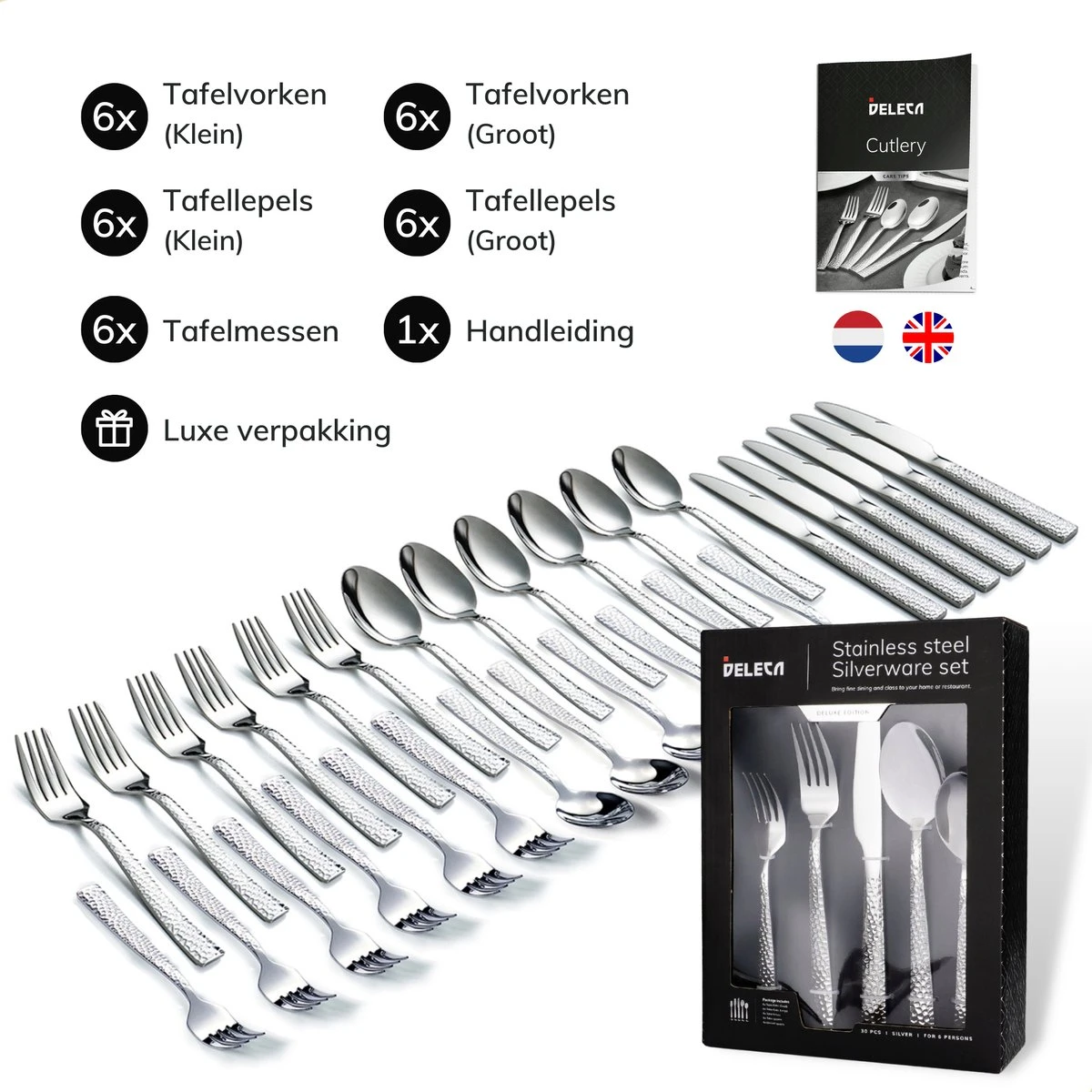 Deleca 6 Persoons Bestekset Deluxe (30-delig) - Vorken, Lepels En Messen - Vaatwasserbestendig - Gehamerd - Zilver / RVS - Afbeelding 8