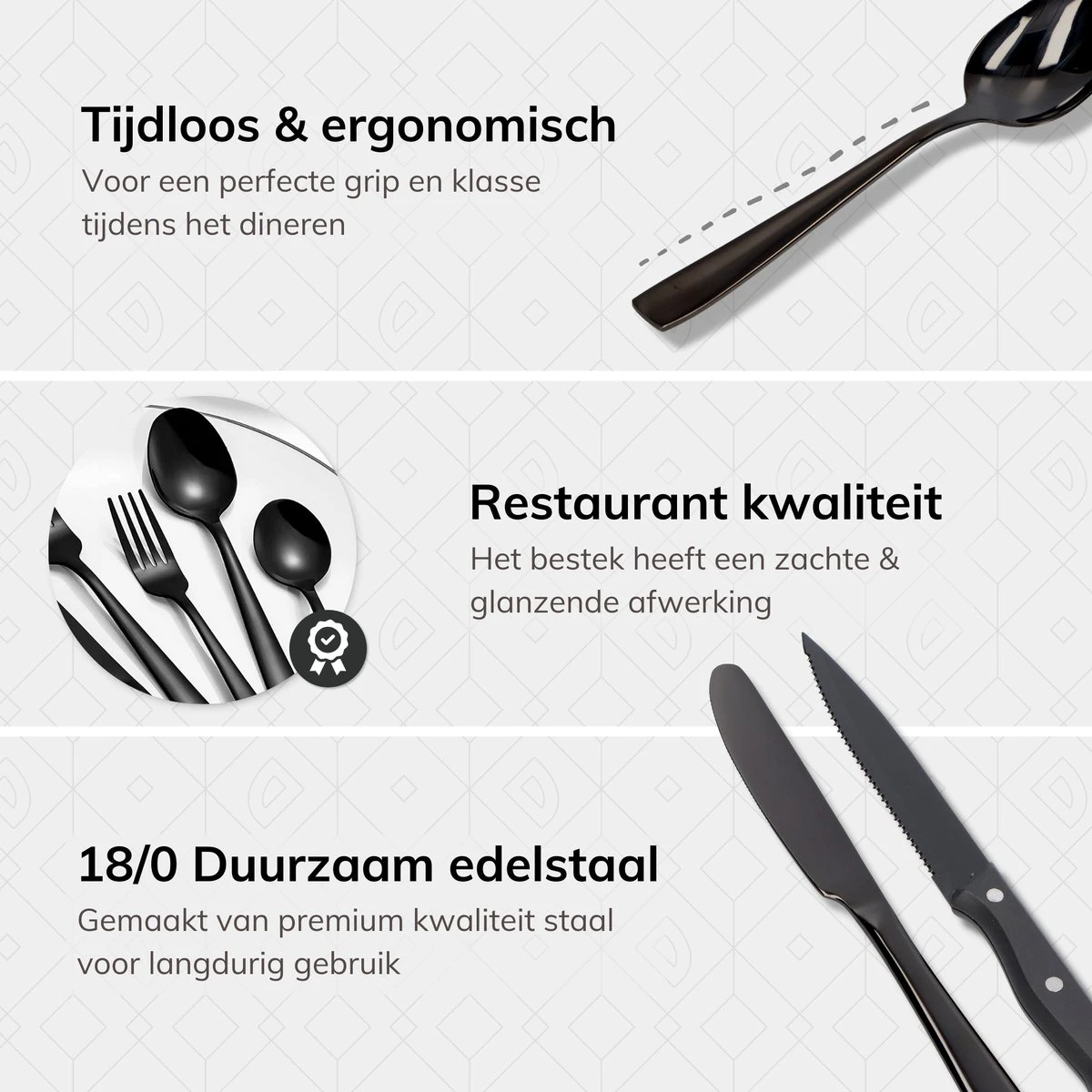 Deleca 6 Persoons Bestekset (36-delig) - Lepels, Messen, Vorken & Steakmessen - Vaatwasserbestendig - Zwart / RVS - Afbeelding 6