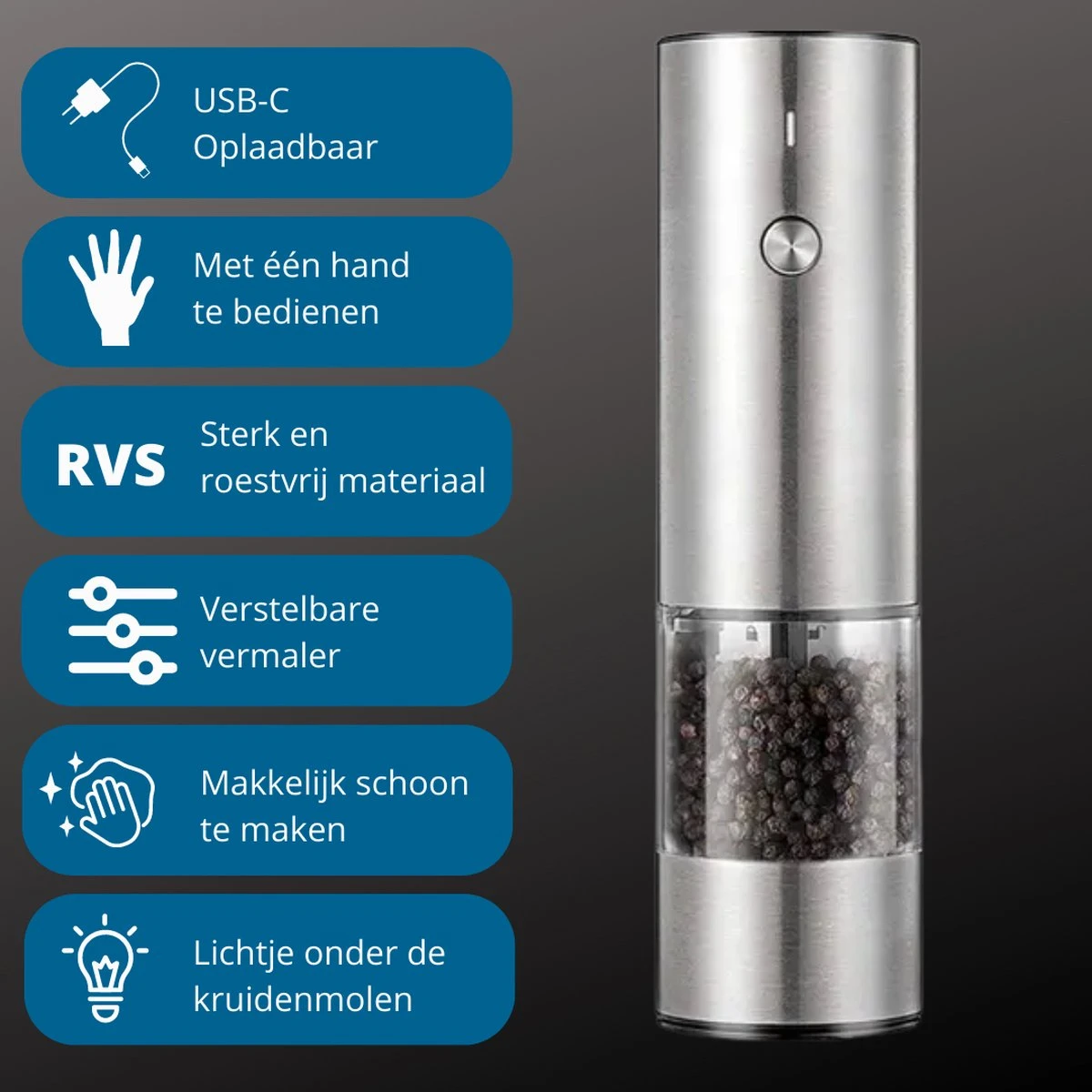 GOV Elektrische Peper- En Zoutmolen RVS XL Oplaadbaar - Automatische Pepermolen - Afbeelding 3