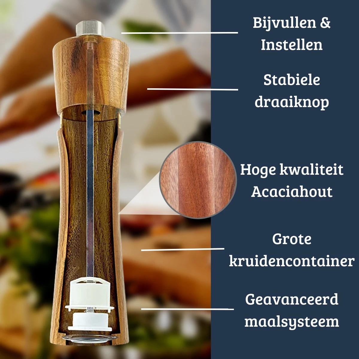 UNBOX Peper En Zoutmolen Set - Pepermolen - Zoutmolen - BBQ Accesoires - Acacia Hout - RVS - Afbeelding 4