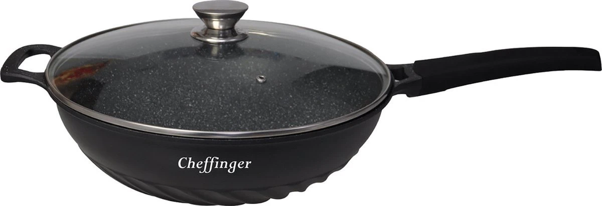 Cheffinger Wokpan Met Deksel - 32cm - Zwart - Pan - Keukenaccessoires