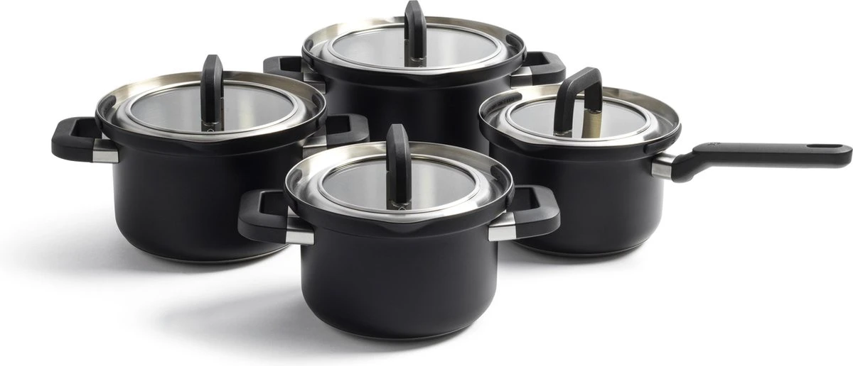 BK Flow Cool Black Glas Kookpannenset - 4-delig - Zwart - Glazen Deksel - Veilig Afgietsysteem - Inductie