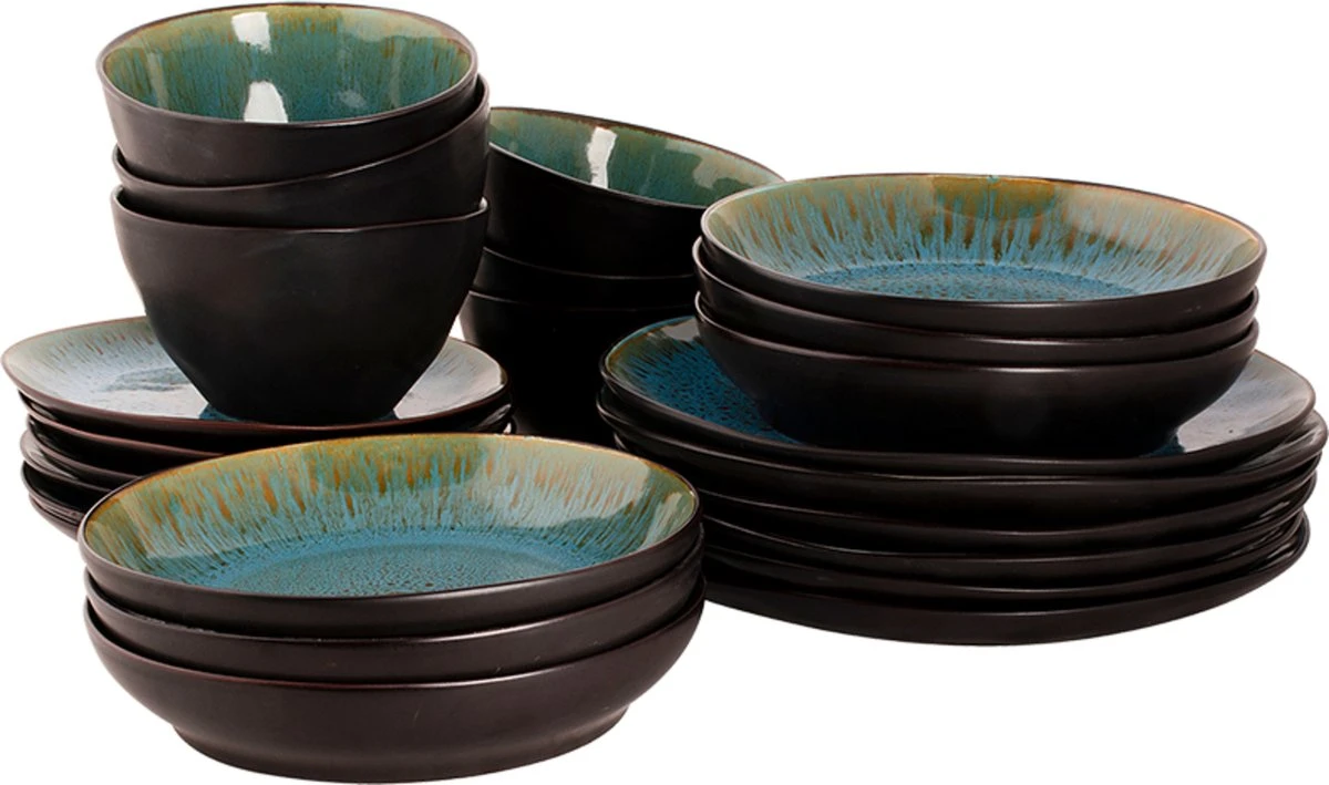 Palmer Serviesset Lotus Stoneware 6-persoons 24-delig Zwart Turquoise - Afbeelding 2