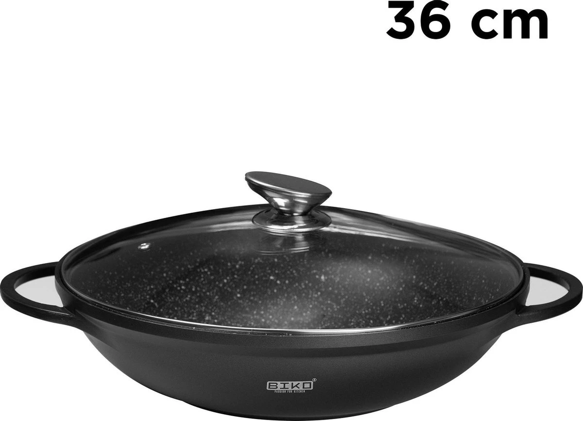 BIKO - Wokpan Ø 36 Cm - Marmeren Coating - Glazen Deksel - Wadjan - Zwart - Afbeelding 3